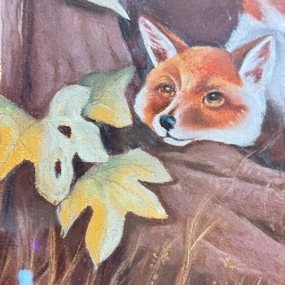 Vintage Unique Framed Fox Family Original Painting Artwork 22"x 25" - Picture 5 of 16